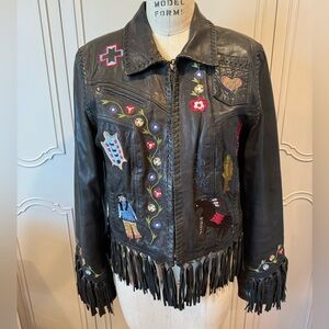 Double D Ranch Black Leather Folk Art Embellished Fringe Jacket